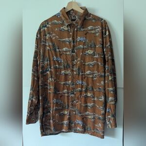Camping Themed Long Sleeve Button Down Shirt Men's Large Jeep Tent Woods